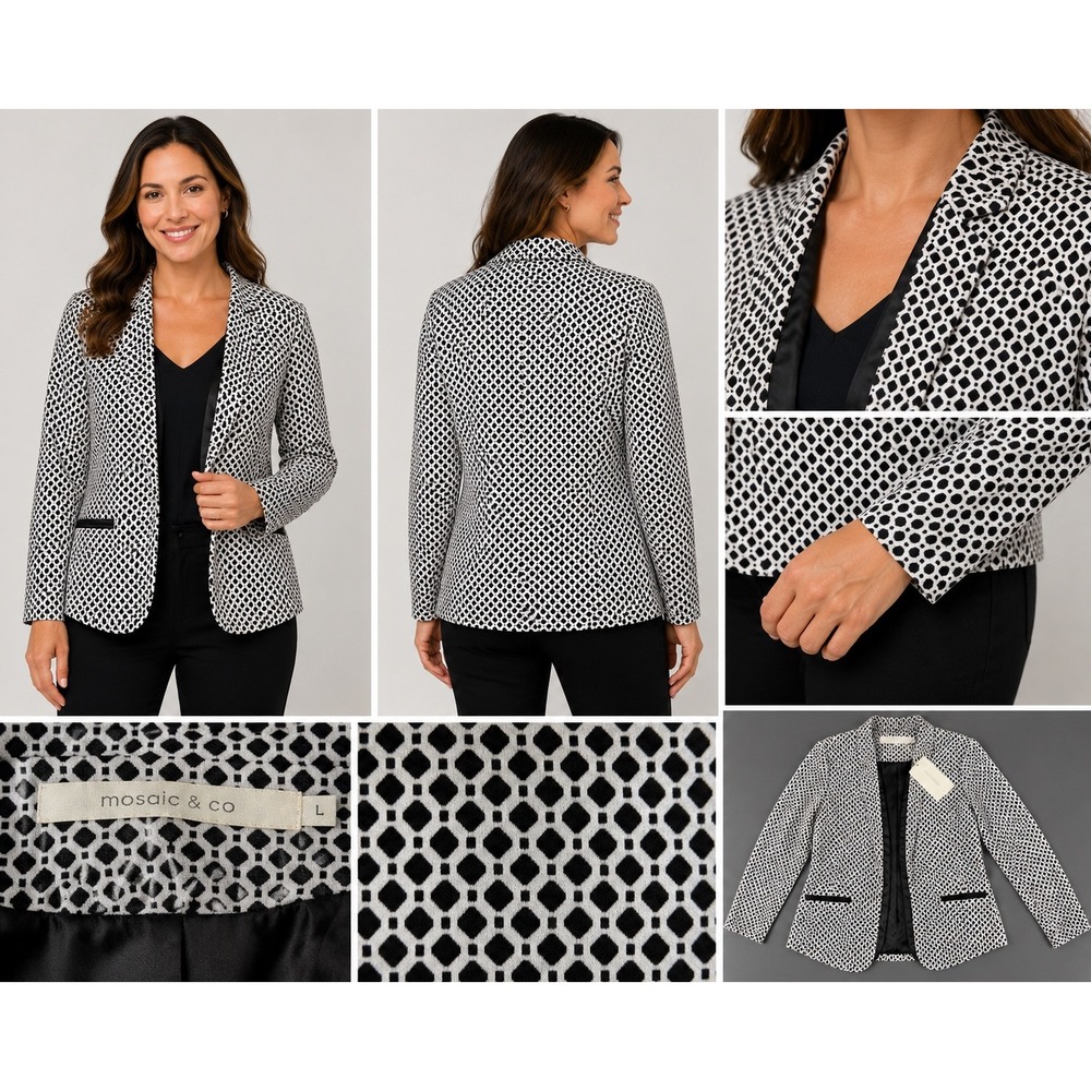 Mosaic & Co Womens Black White Geometric Diamond Blazer Open Front Jacket Size L